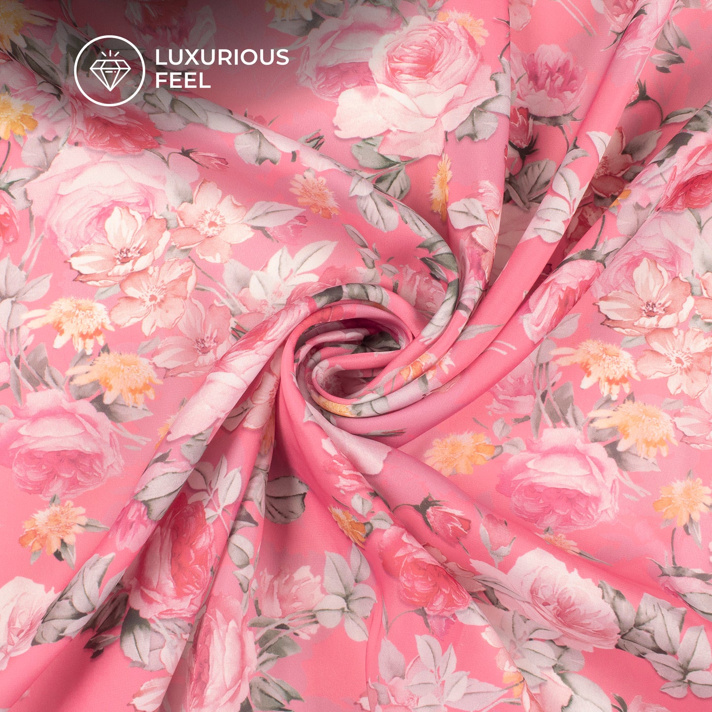 Taffy Pink Floral Digital Print Imported Satin Fabric