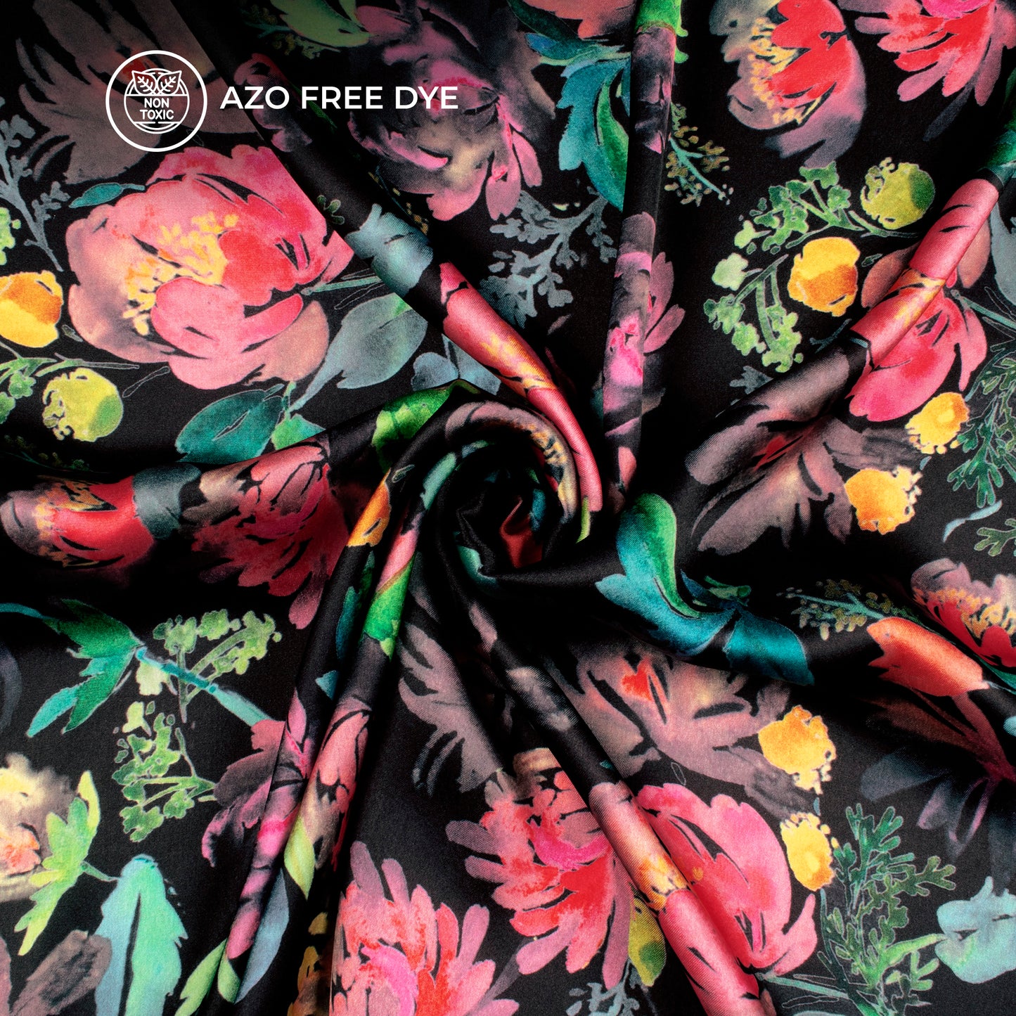 Black Floral Digital Print Japan Satin Fabric