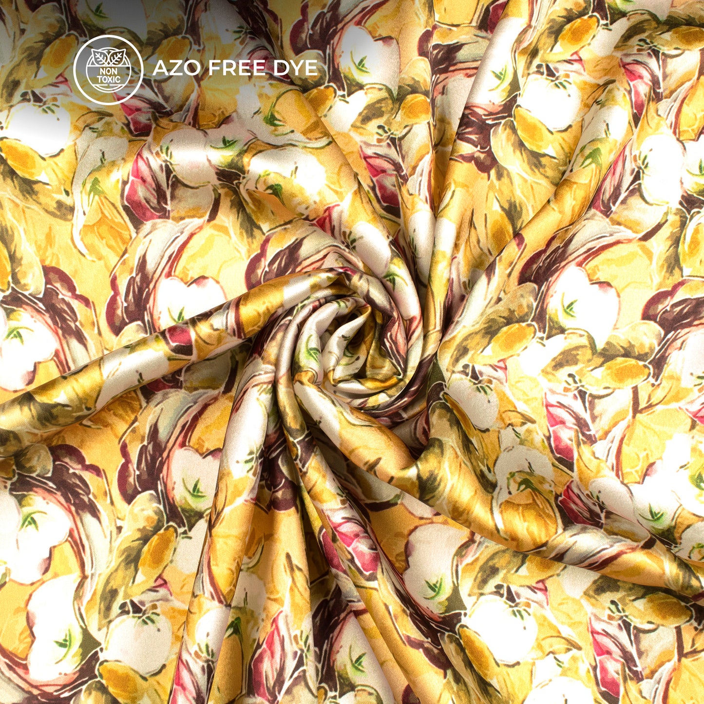 Golden Yellow Floral Digital Print Japan Satin Fabric