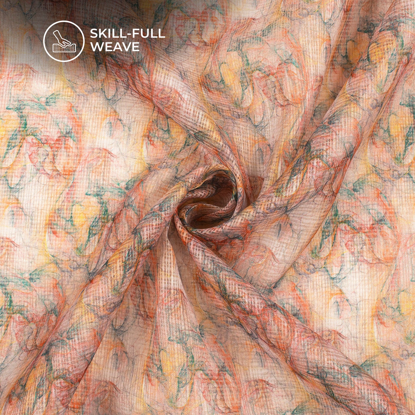 Peach Floral Digital Print Kota Doria Fabric