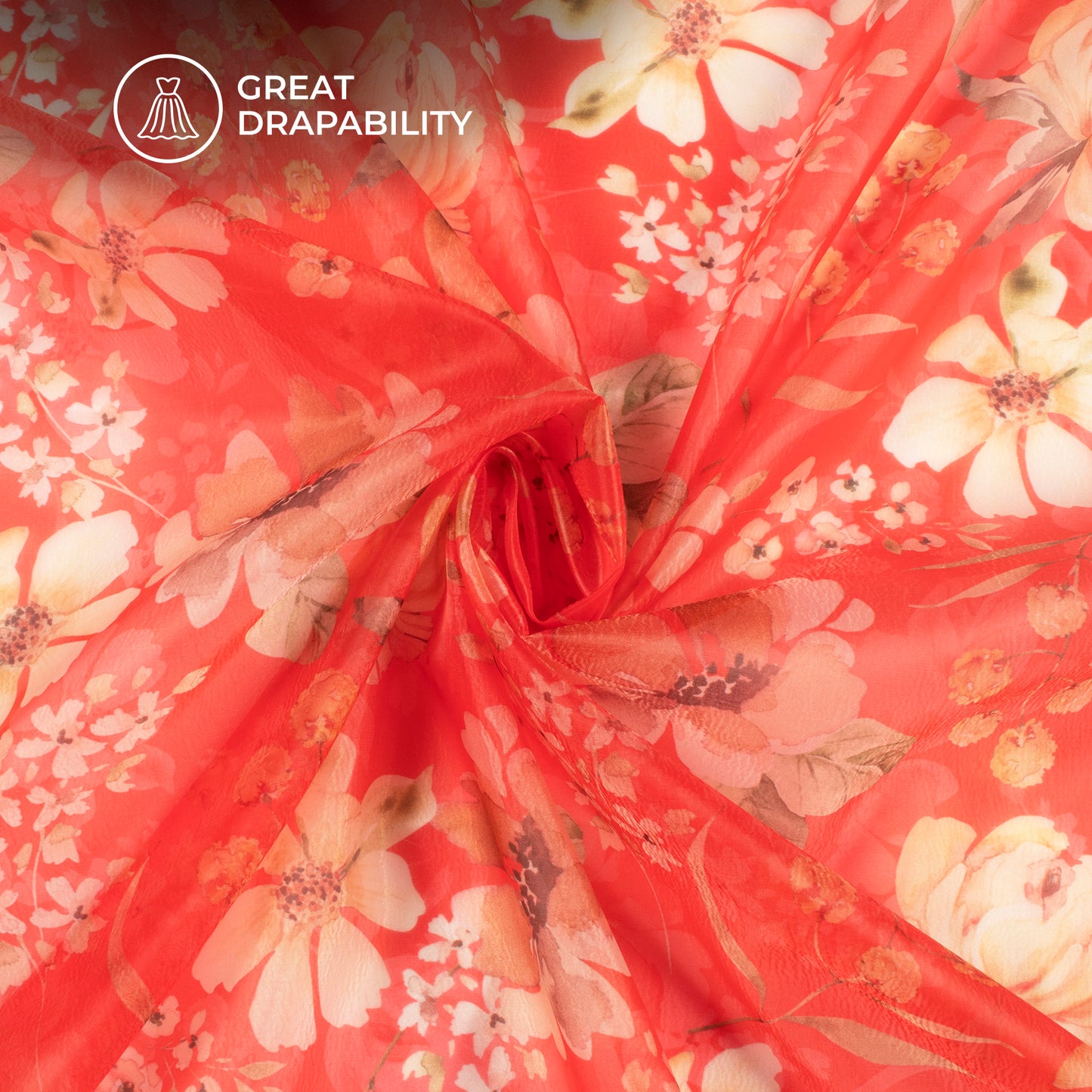 Rose Red Floral Digital Print Organza Satin Fabric