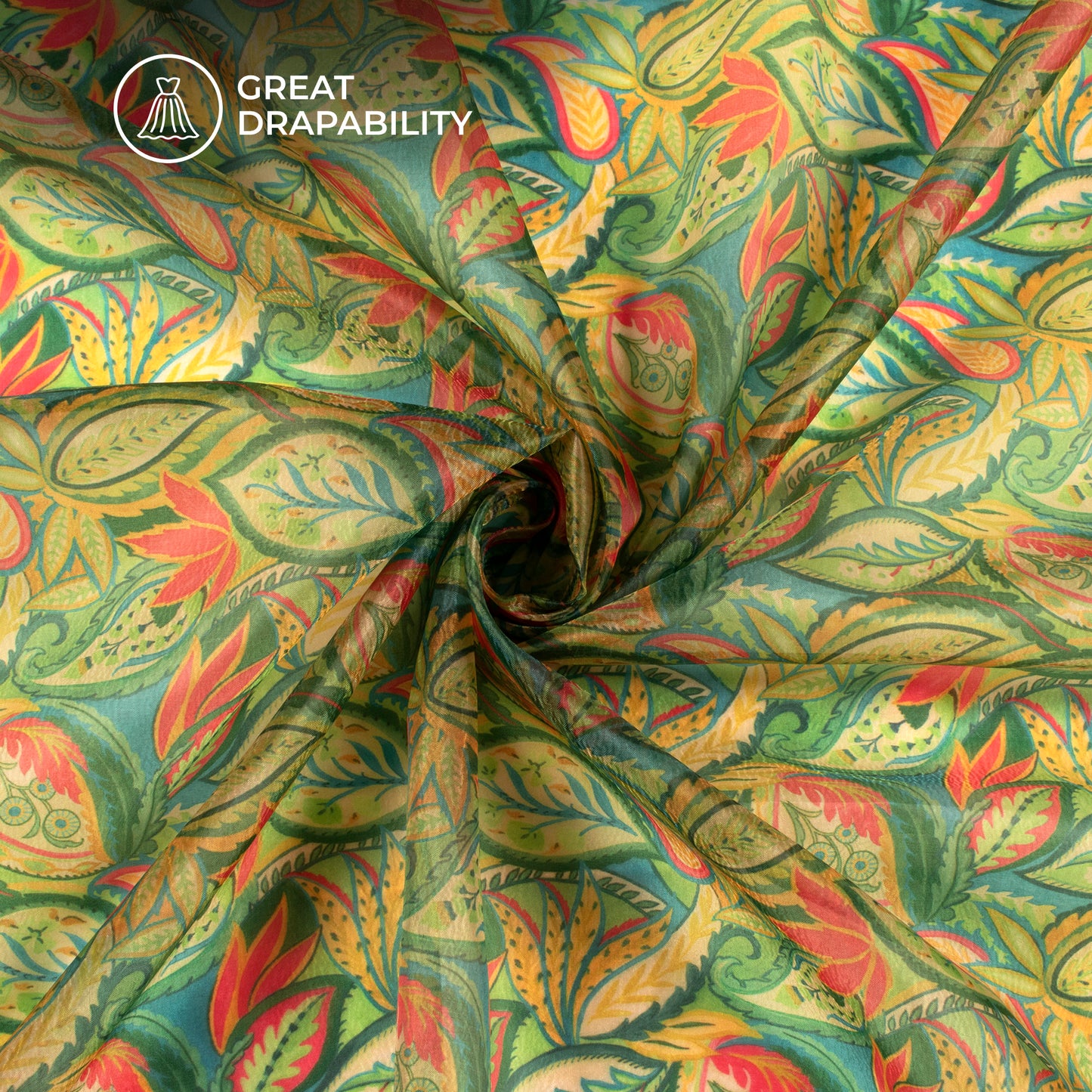 Dark Green Leaf Digital Print Organza Satin Fabric