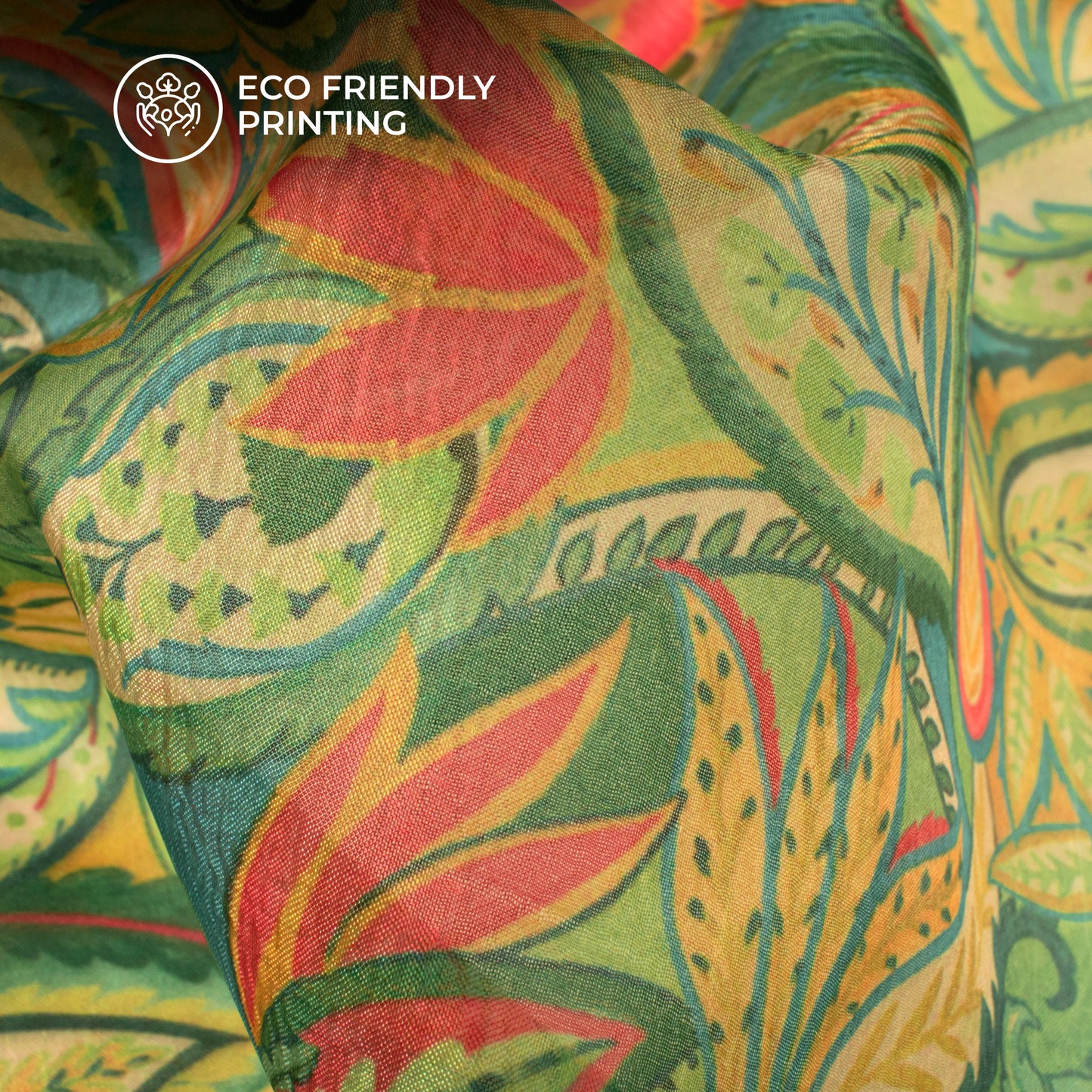 Dark Green Leaf Digital Print Organza Satin Fabric