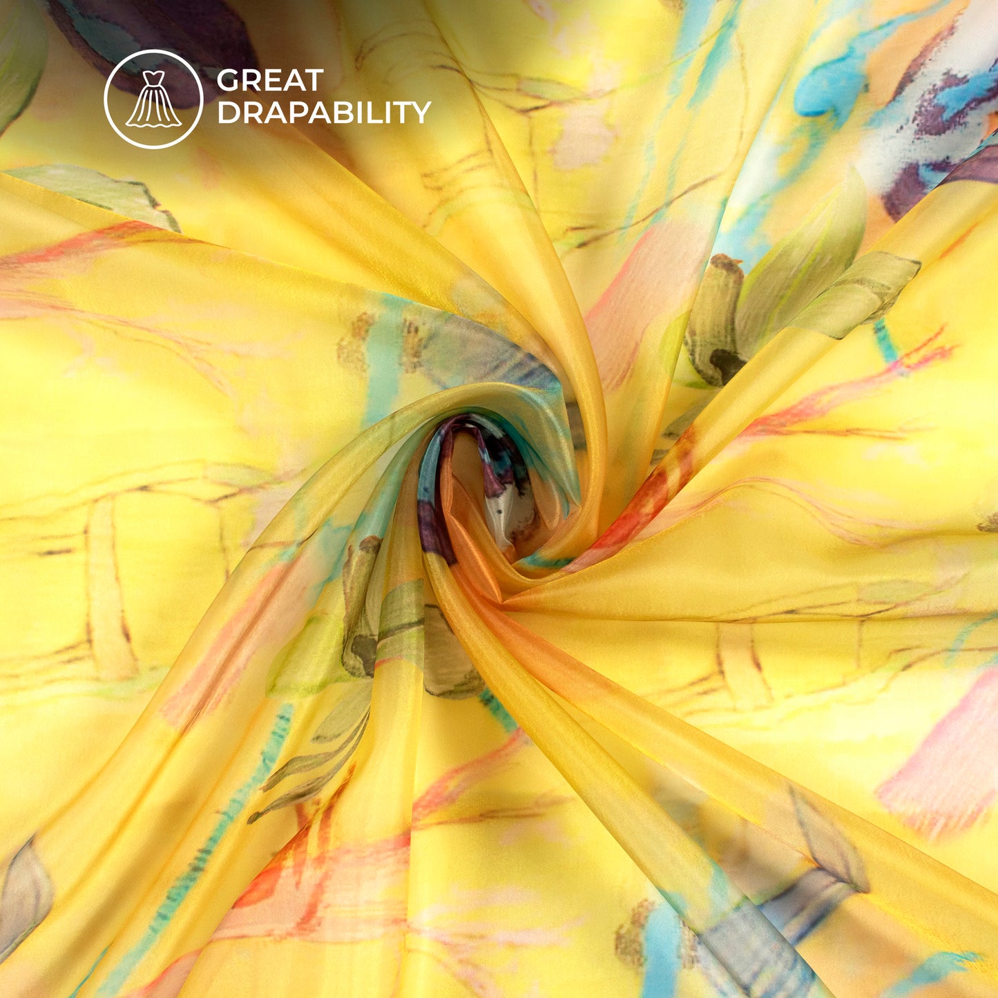 Lemon Yellow Floral Digital Print Organza Satin Fabric