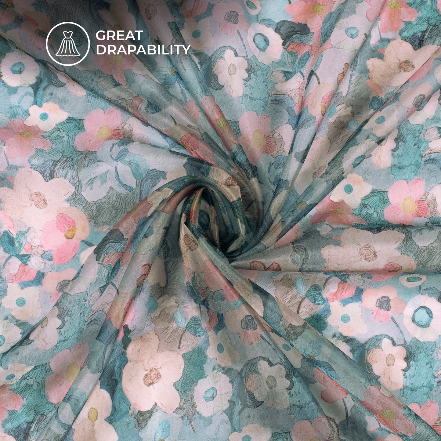 Sky Blue Floral Digital Print Organza Satin Fabric