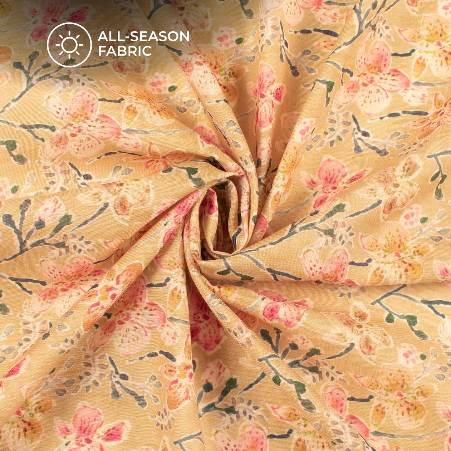 Butter Yellow Floral Digital Print Poly Cambric Fabric