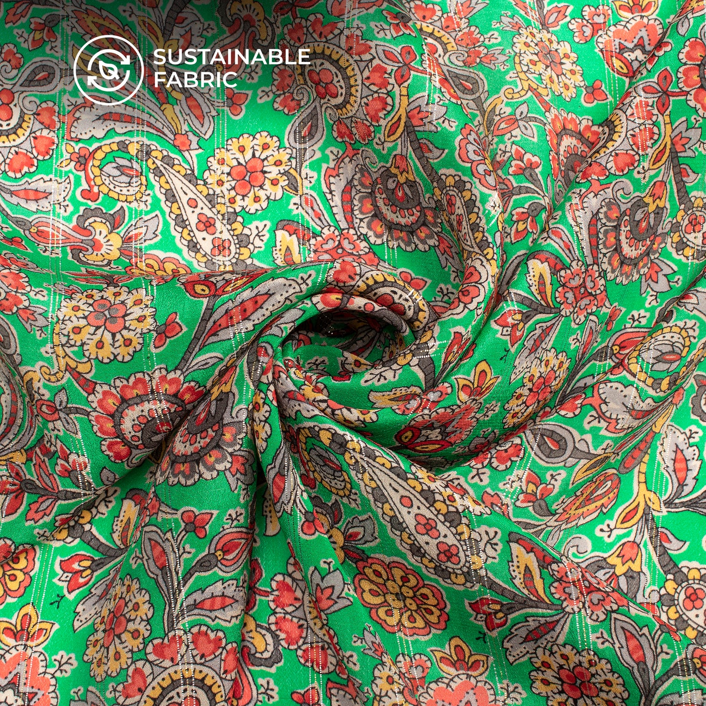 Light Green Paisley Digital Print Bemberg Crepe Lurex Fabric