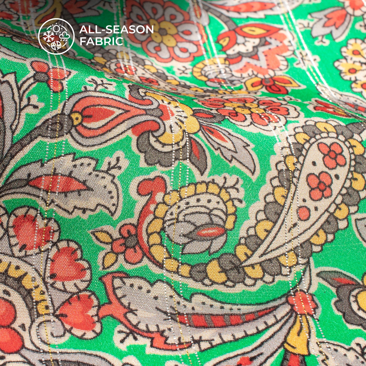 Light Green Paisley Digital Print Bemberg Crepe Lurex Fabric