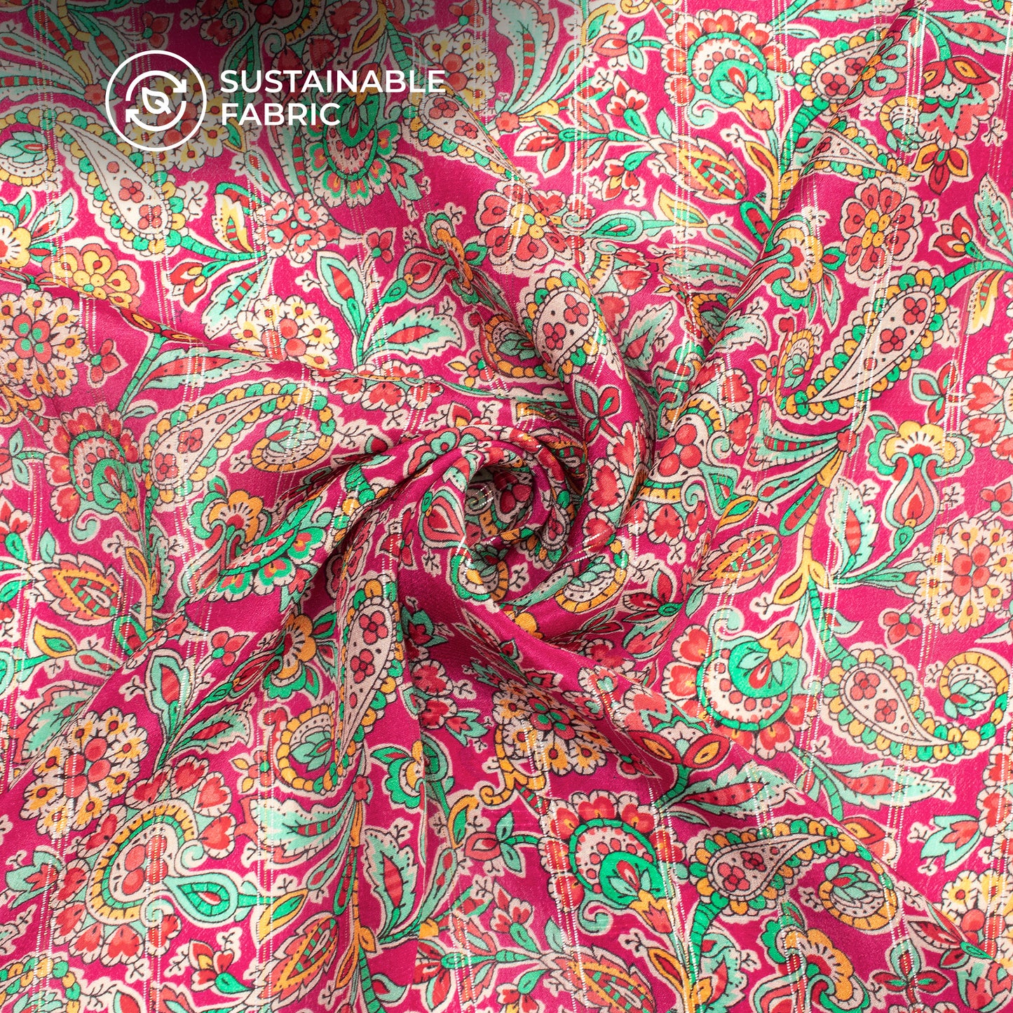Magenta Purple Paisley Digital Print Bemberg Crepe Lurex Fabric