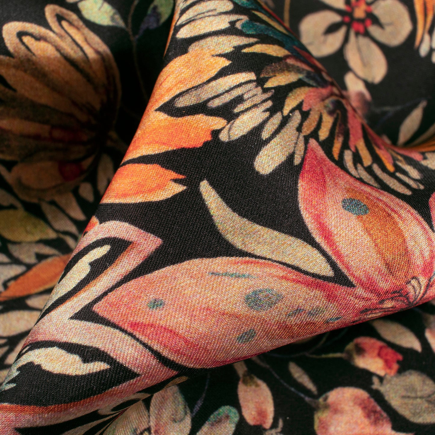 Black Floral Digital Print Assami Bemberg Satin Fabric