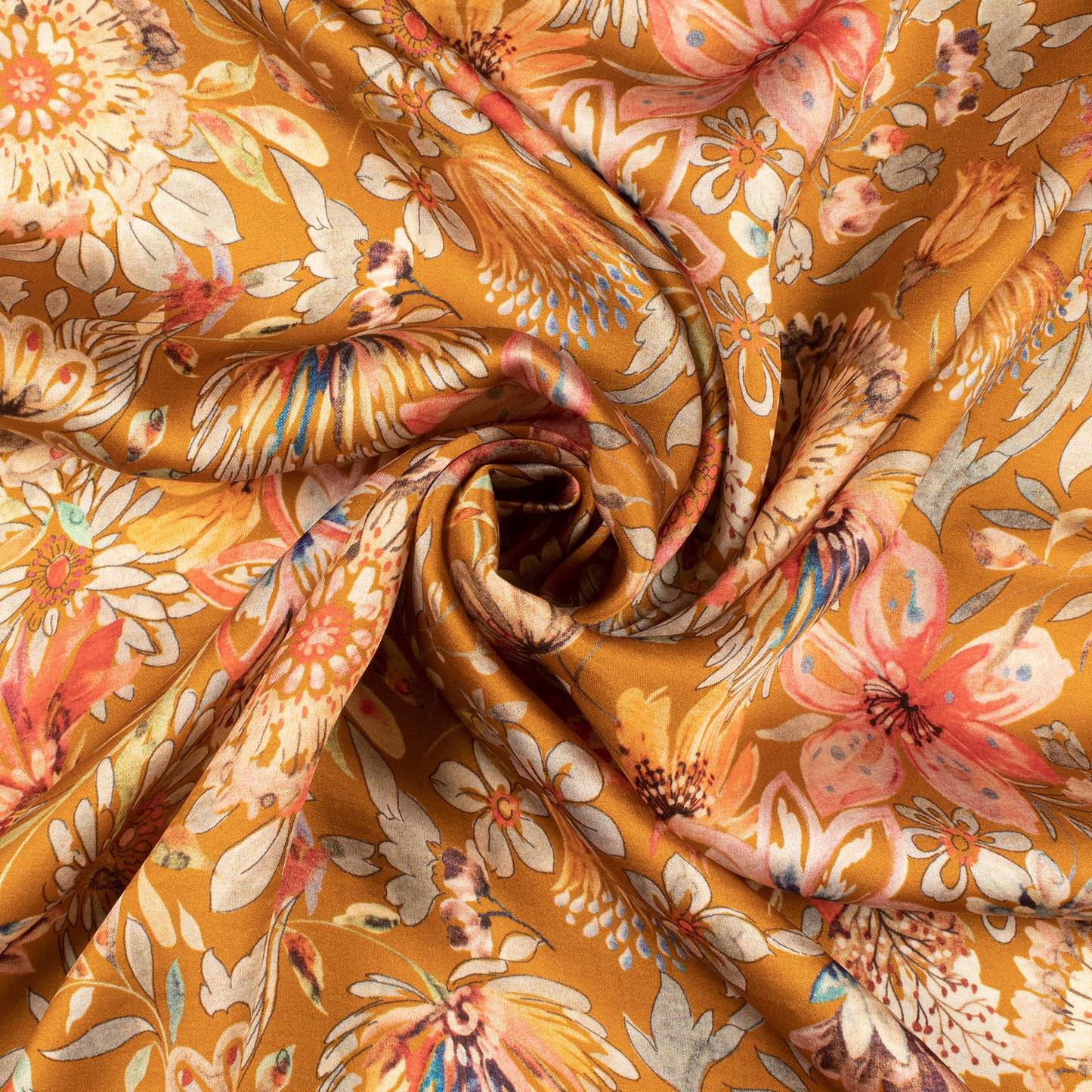 Medallion Yellow Floral Digital Print Assami Bemberg Satin Fabric