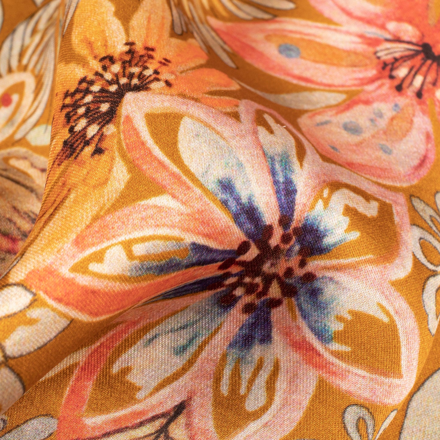 Medallion Yellow Floral Digital Print Assami Bemberg Satin Fabric