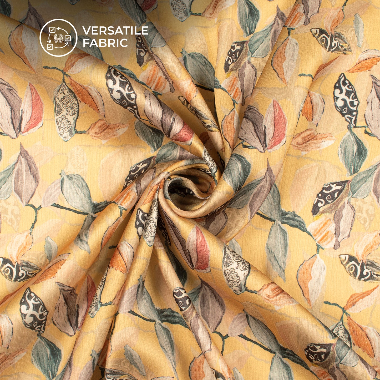 Pastle Yellow Leaf Digital Print Chiffon Satin Fabric