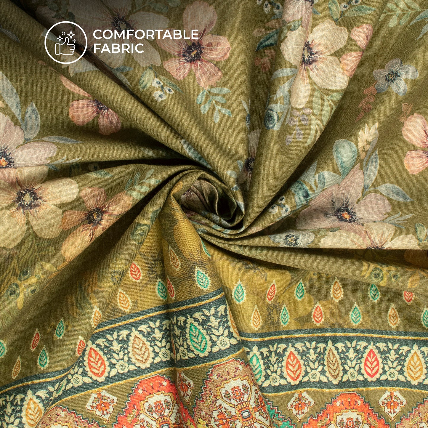 Oilve Green Floral Digital Print Cotton Cambric Fabric