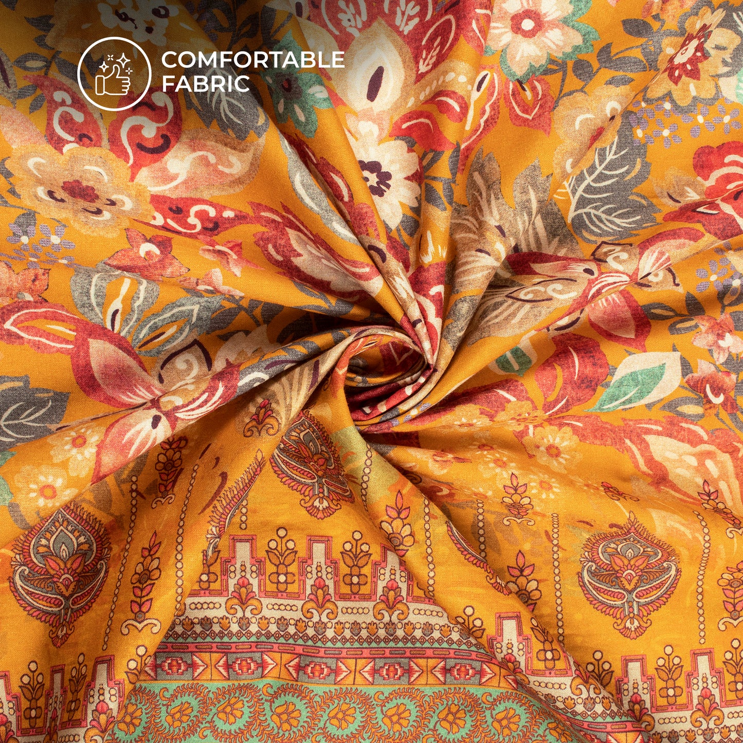 Canary Yellow Floral Digital Print Cotton Cambric Fabric