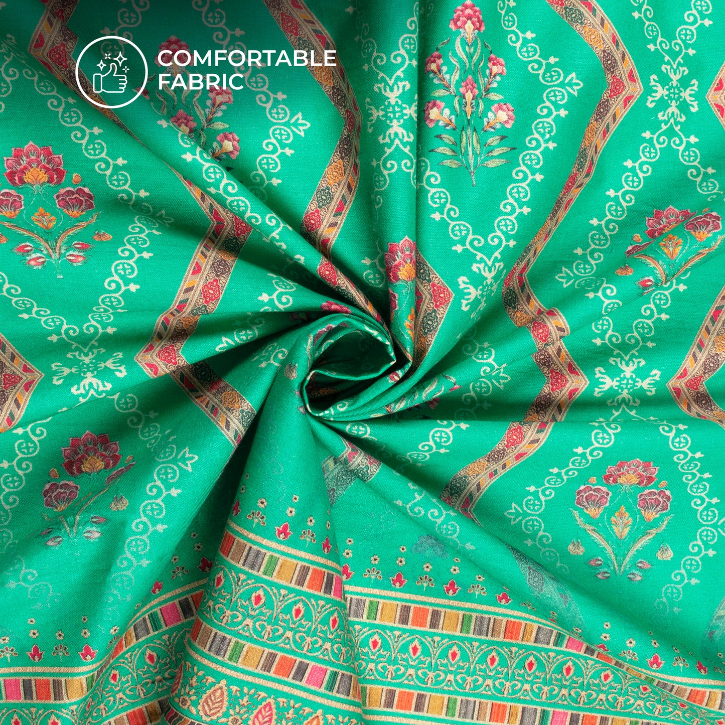 Cool Green Floral Digital Print Cotton Cambric Fabric