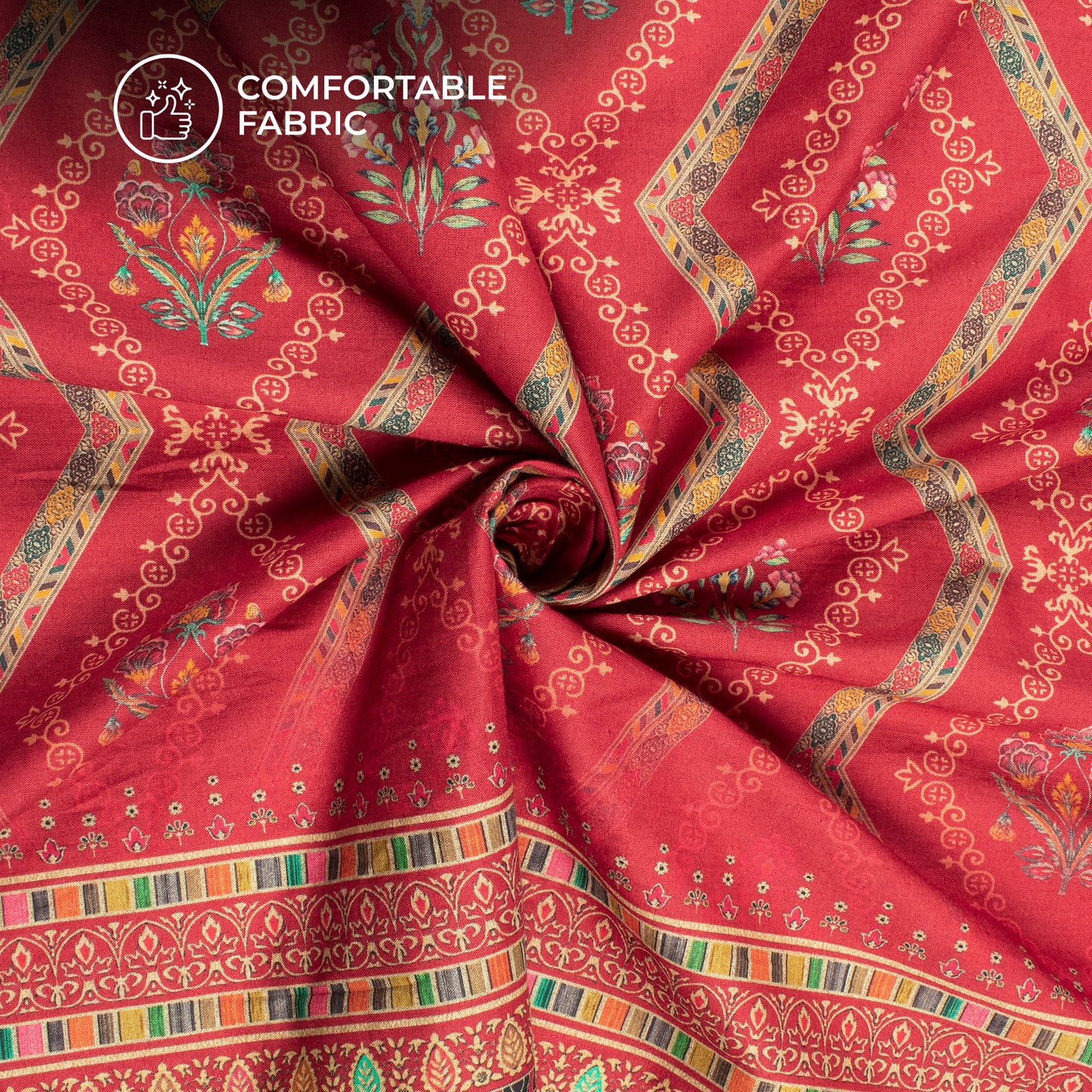 Cherry Red Floral Digital Print Cotton Cambric Fabric