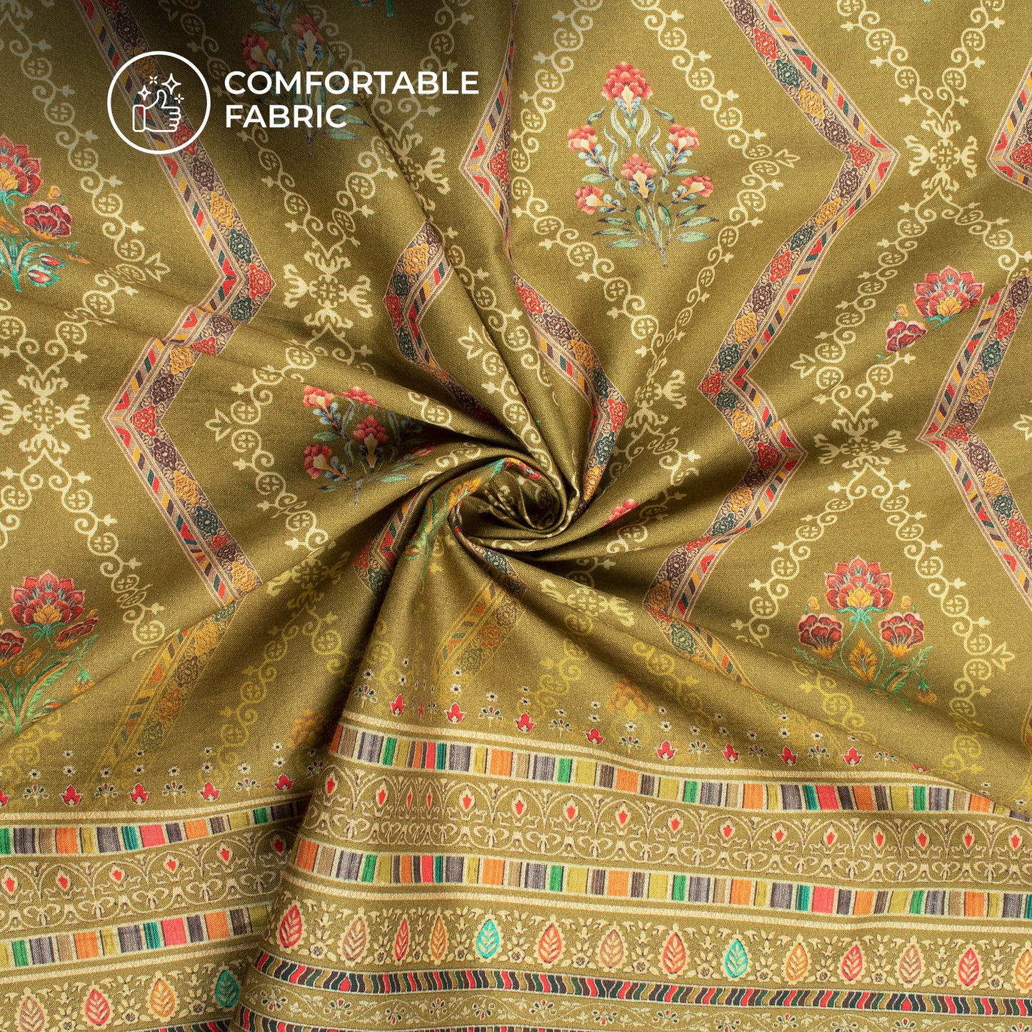 Olive Green Floral Digital Print Cotton Cambric Fabric
