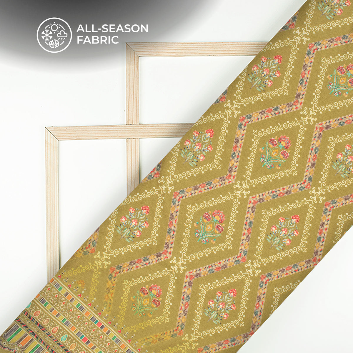 Olive Green Floral Digital Print Cotton Cambric Fabric