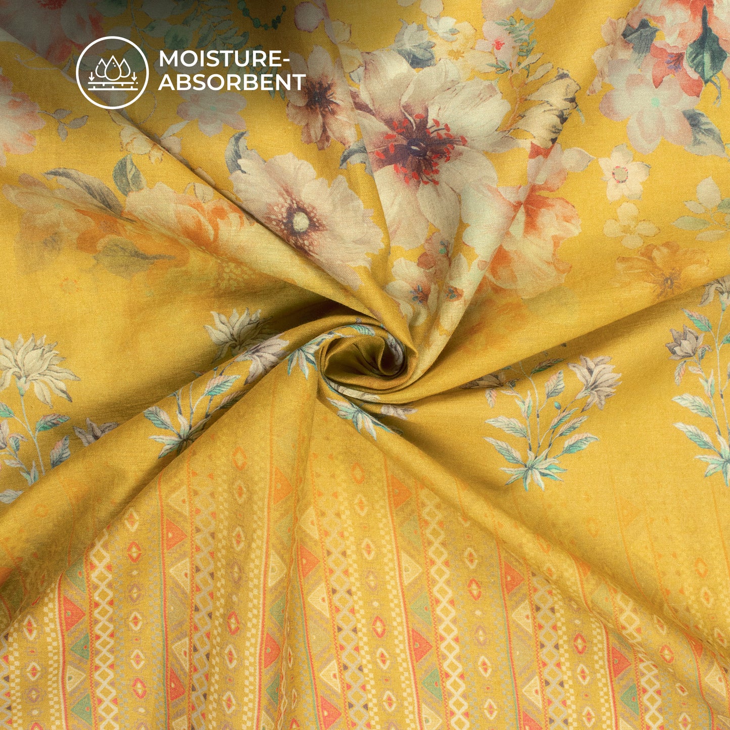 Floral Fantasy Digital Print Cotton Mulmul Fabric With Bandhani Border