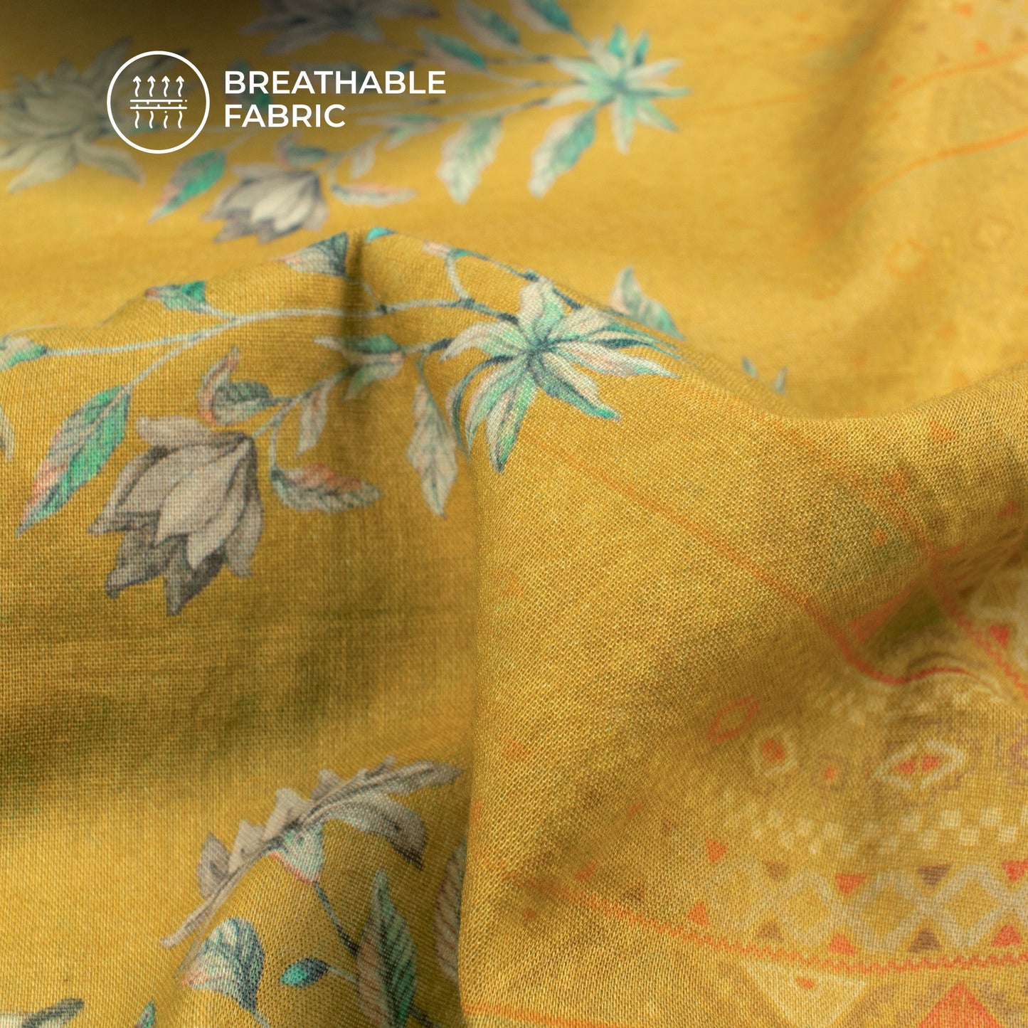 Floral Fantasy Digital Print Cotton Mulmul Fabric With Bandhani Border