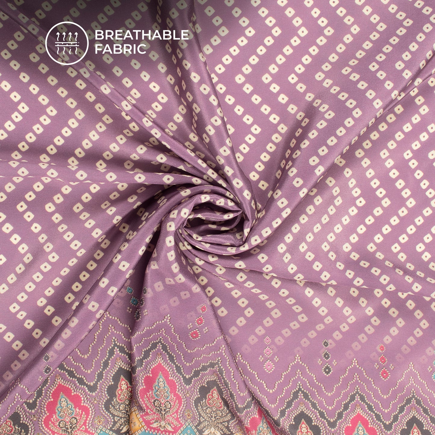 Lilac Purple Bandhanii Digital Print Crepe Silk Fabric
