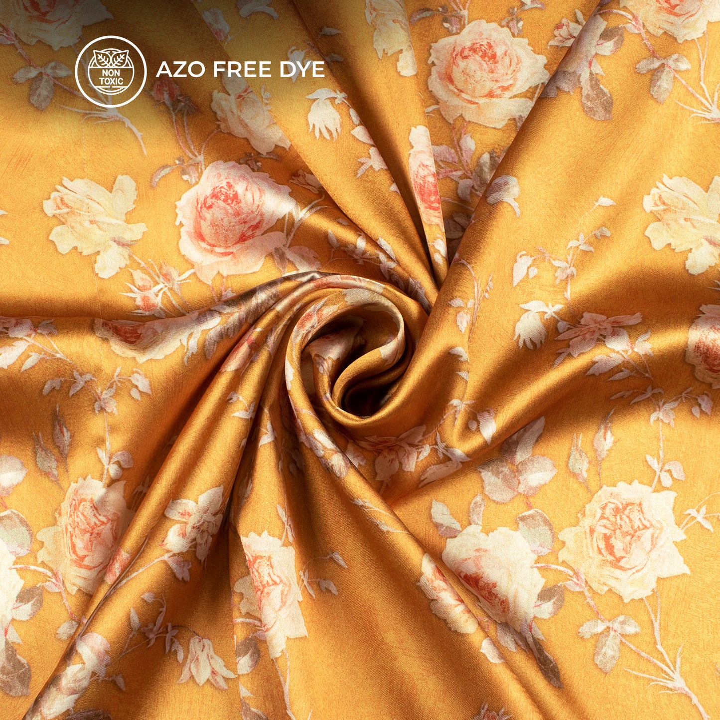 Gold Yellow Floral Digital Print Japan Satin Fabric