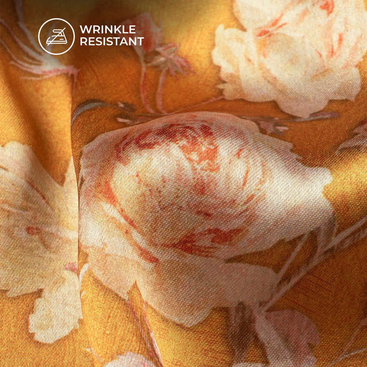 Gold Yellow Floral Digital Print Japan Satin Fabric