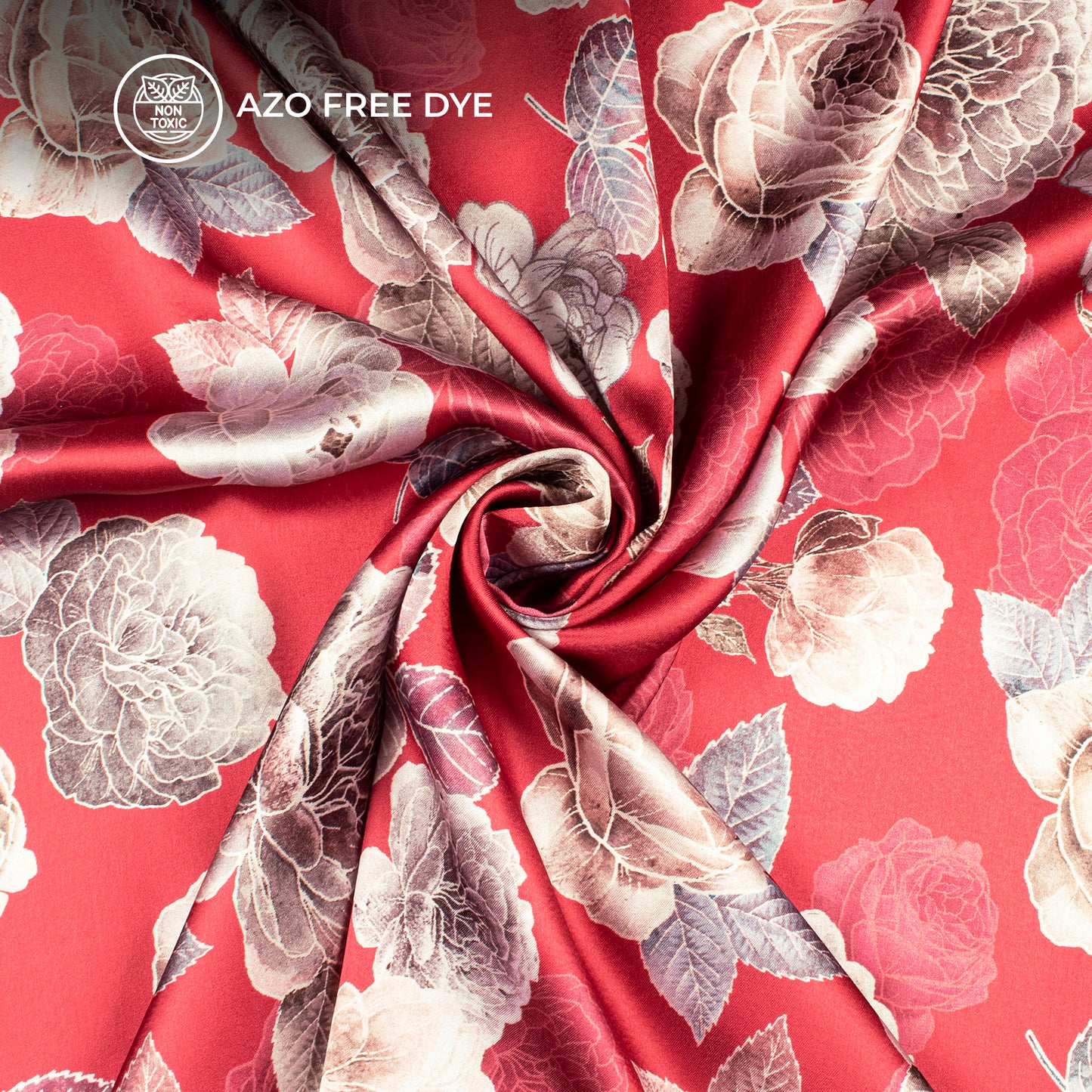 Cherry Red Floral Digital Print Japan Satin Fabric
