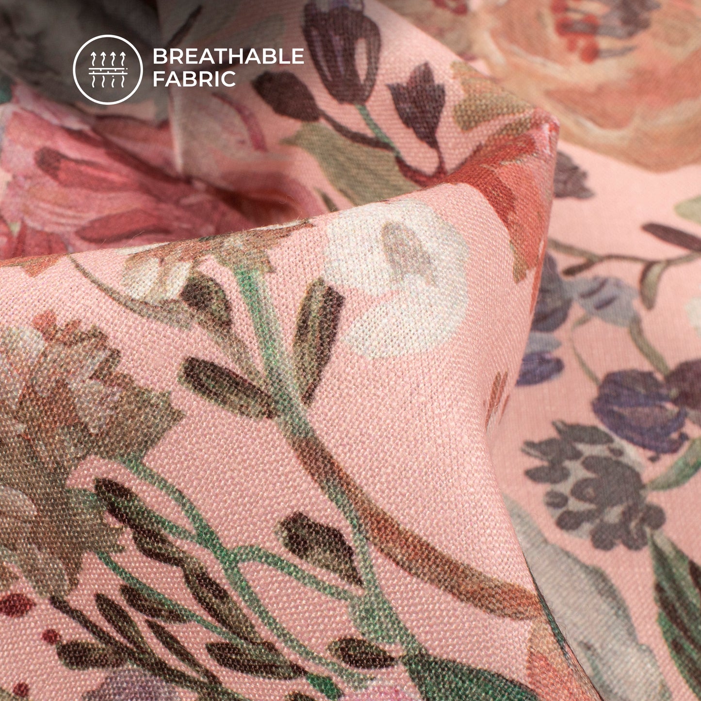 Salmon Pink Floral Digital Print Linen Textured Fabric (Width 56 Inches)