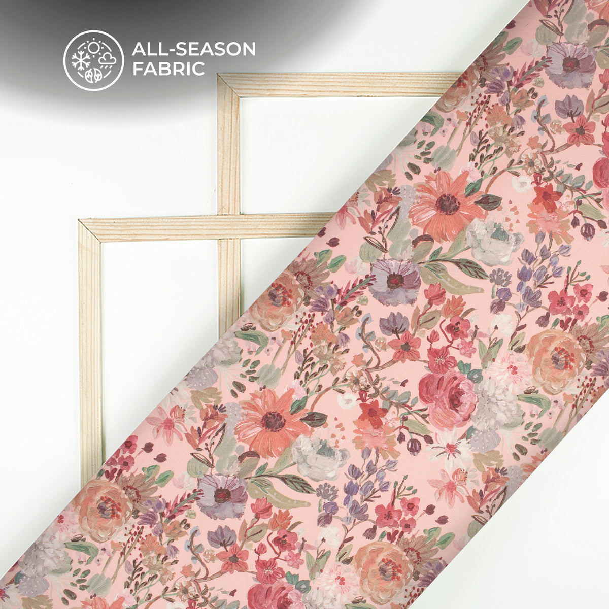 Salmon Pink Floral Digital Print Linen Textured Fabric (Width 56 Inches)