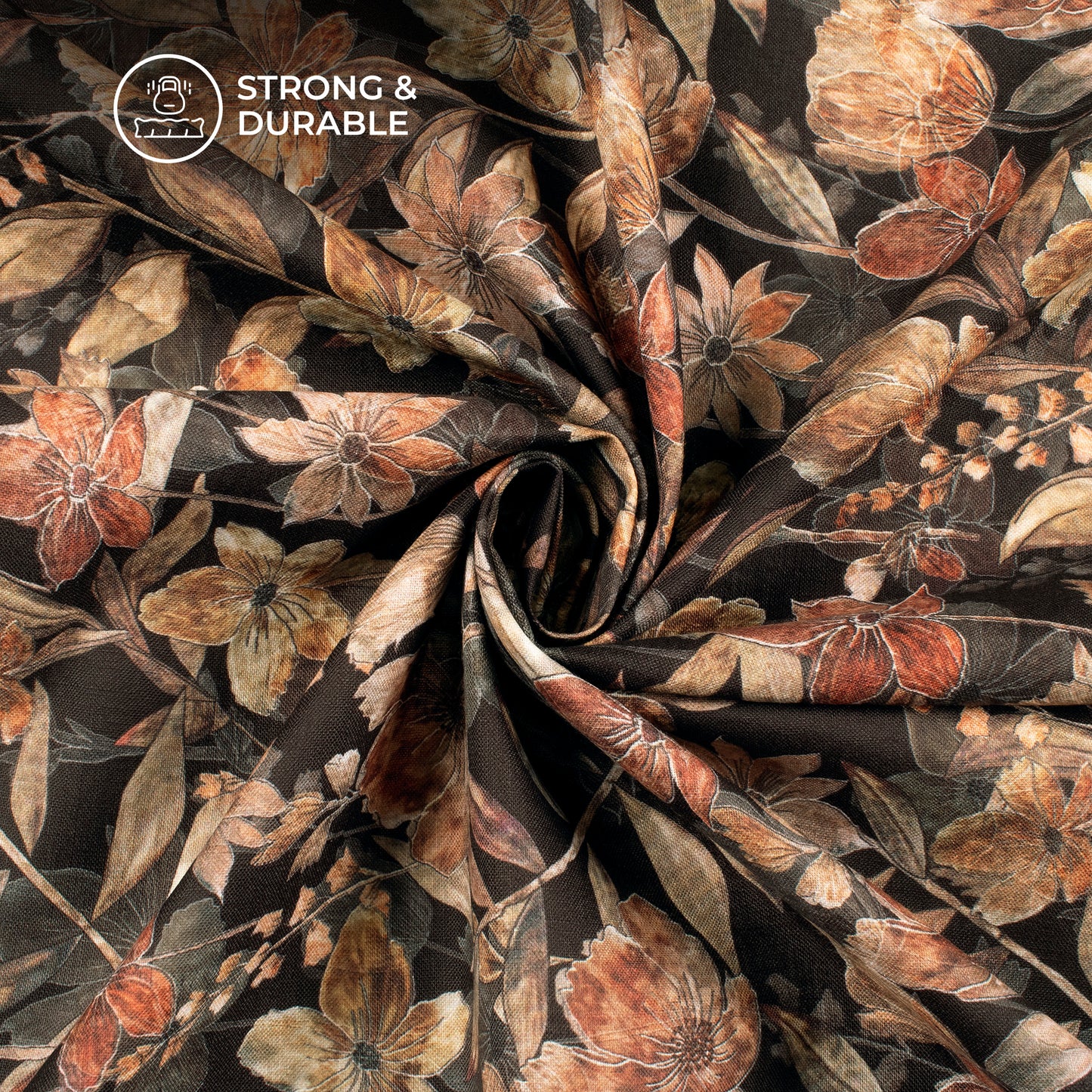 Black Floral Digital Print Linen Textured Fabric (Width 56 Inches)