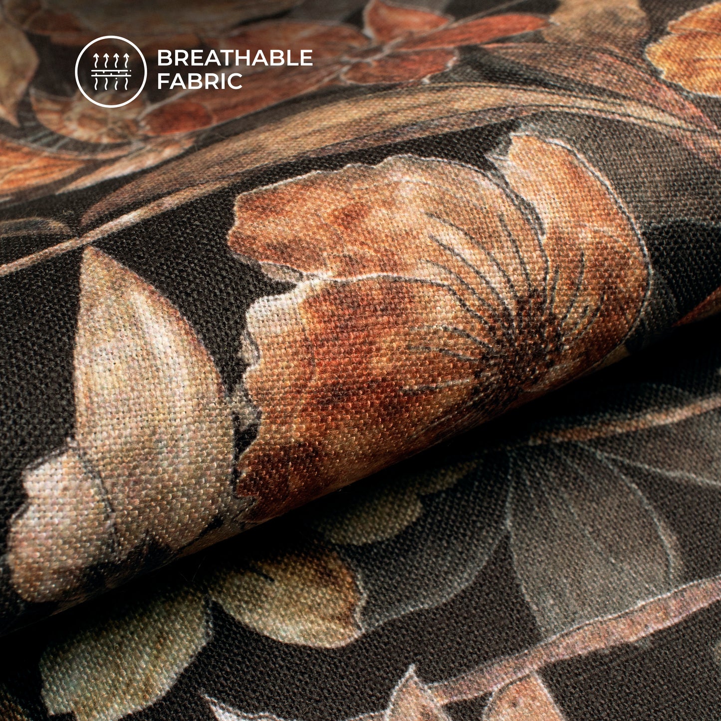 Black Floral Digital Print Linen Textured Fabric (Width 56 Inches)