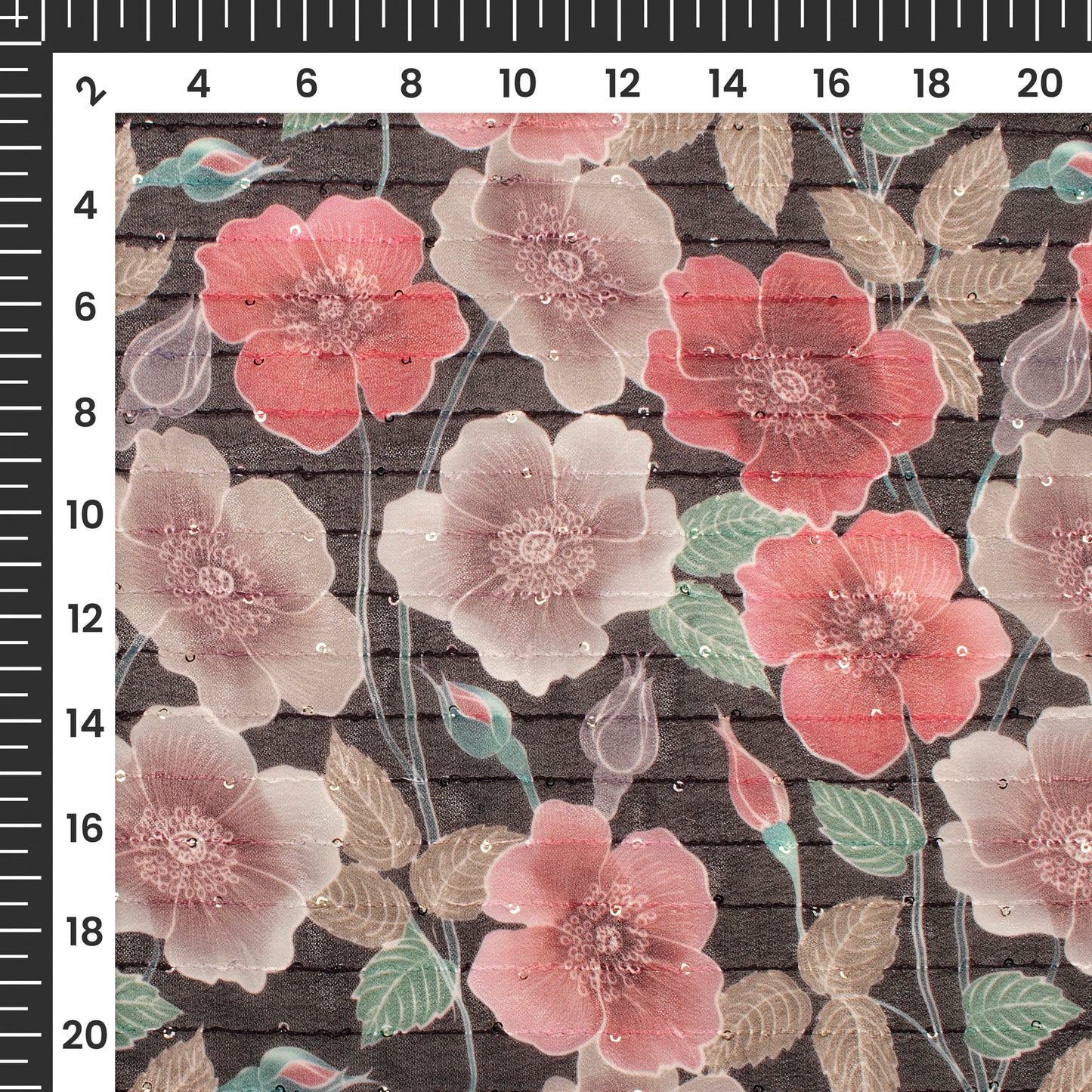 Black Floral Digital Print Sequins Premium Georgette Fabric