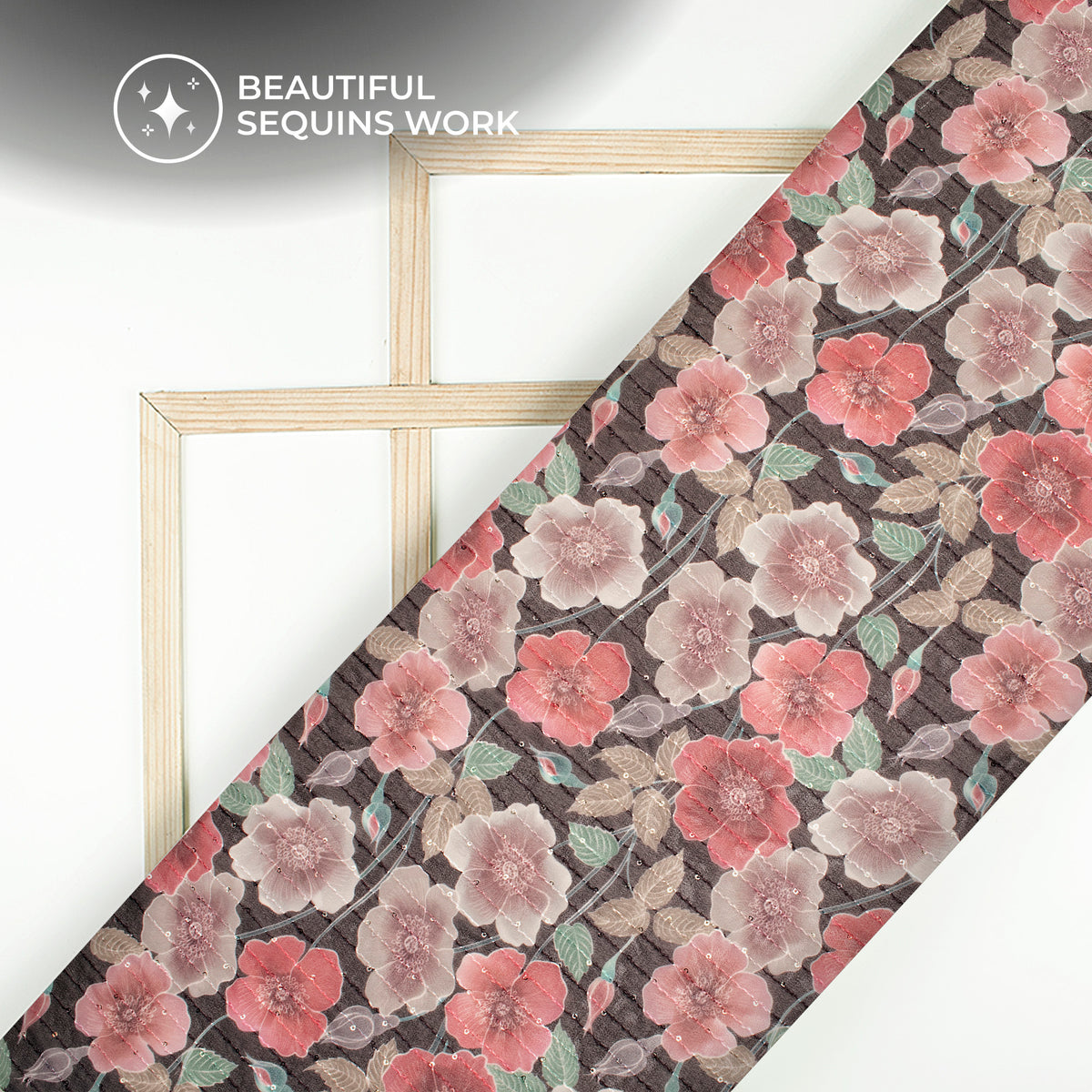 Black Floral Digital Print Sequins Premium Georgette Fabric