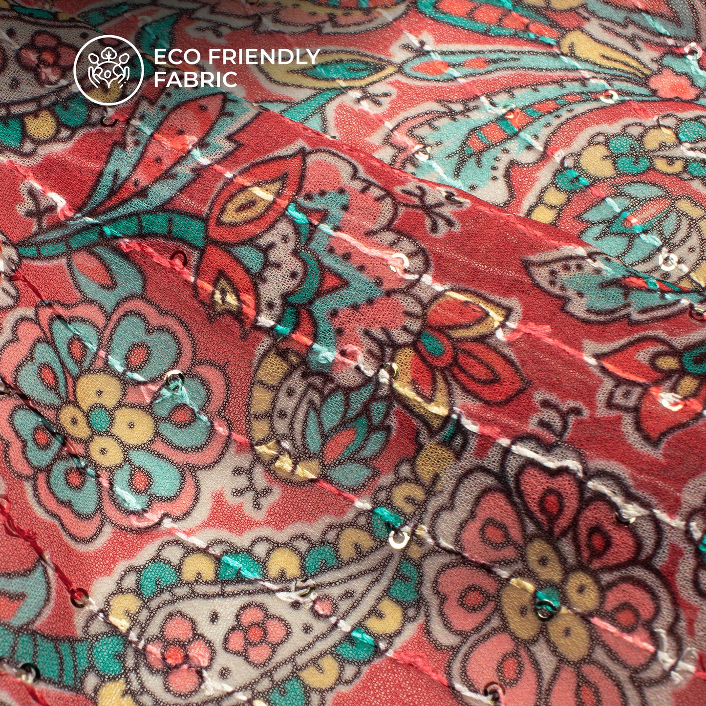 Punch Pink Floral Digital Print Sequins Premium Georgette Fabric