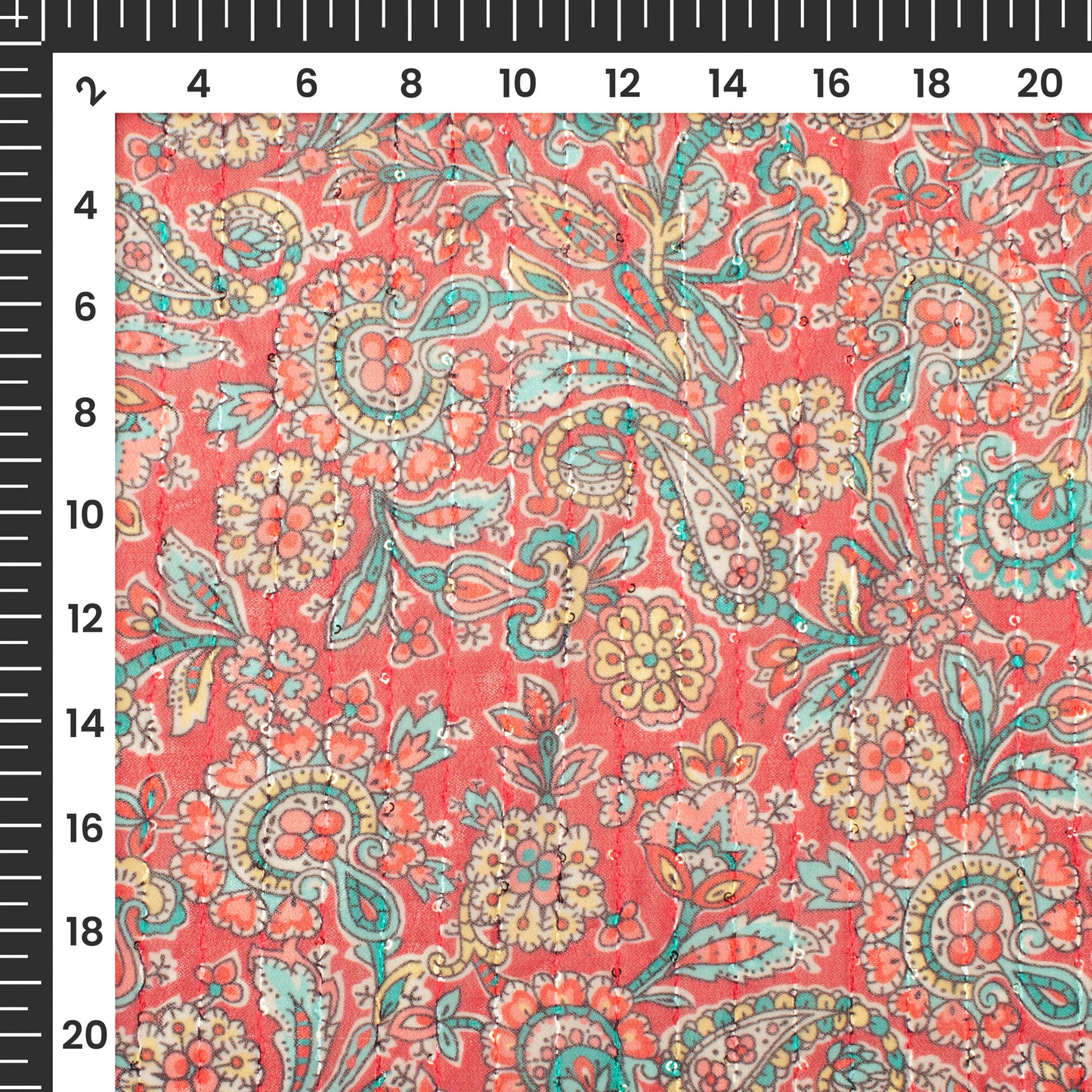 Punch Pink Floral Digital Print Sequins Premium Georgette Fabric