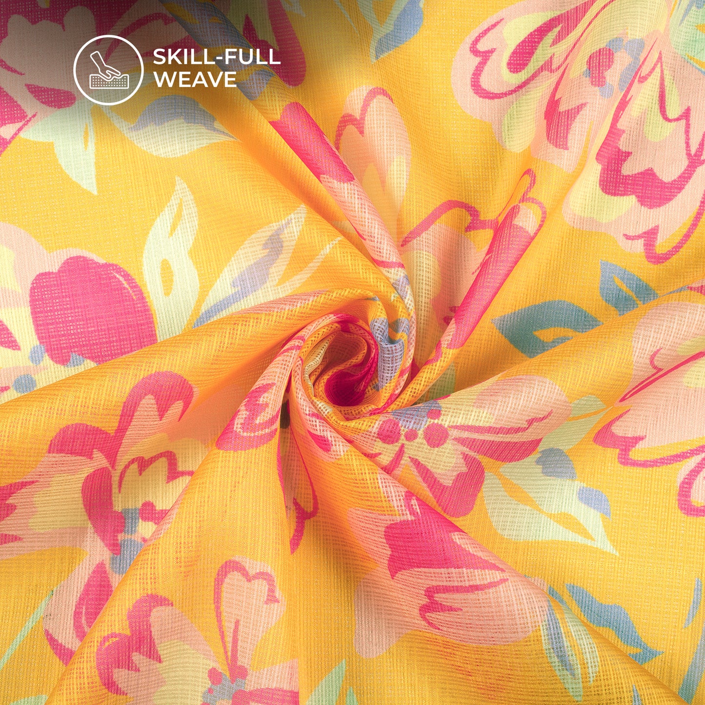 Yellow Catchy Floral Digital Print Kota Doria Fabric