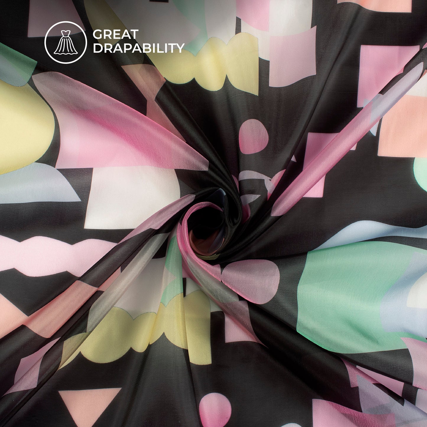 Black Geometric Digital Print Organza Satin Fabric