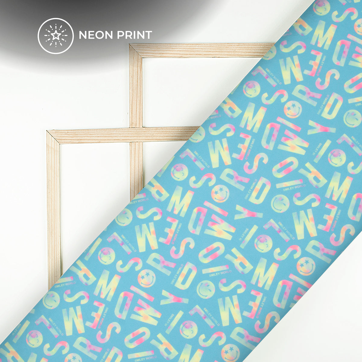 Neon Sky Blue Quirky Digital Print Lycra Fabric (Width 58 Inches)