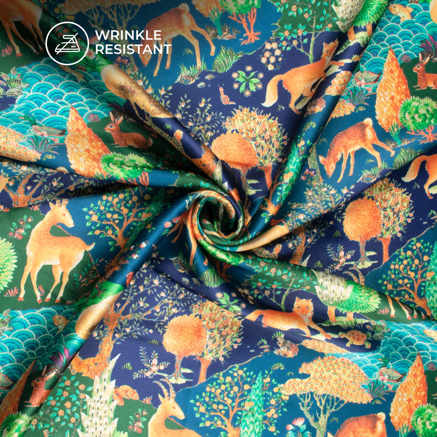 Jungle Harmony: Exclusive Blue Digital Print Japan Satin Fabric
