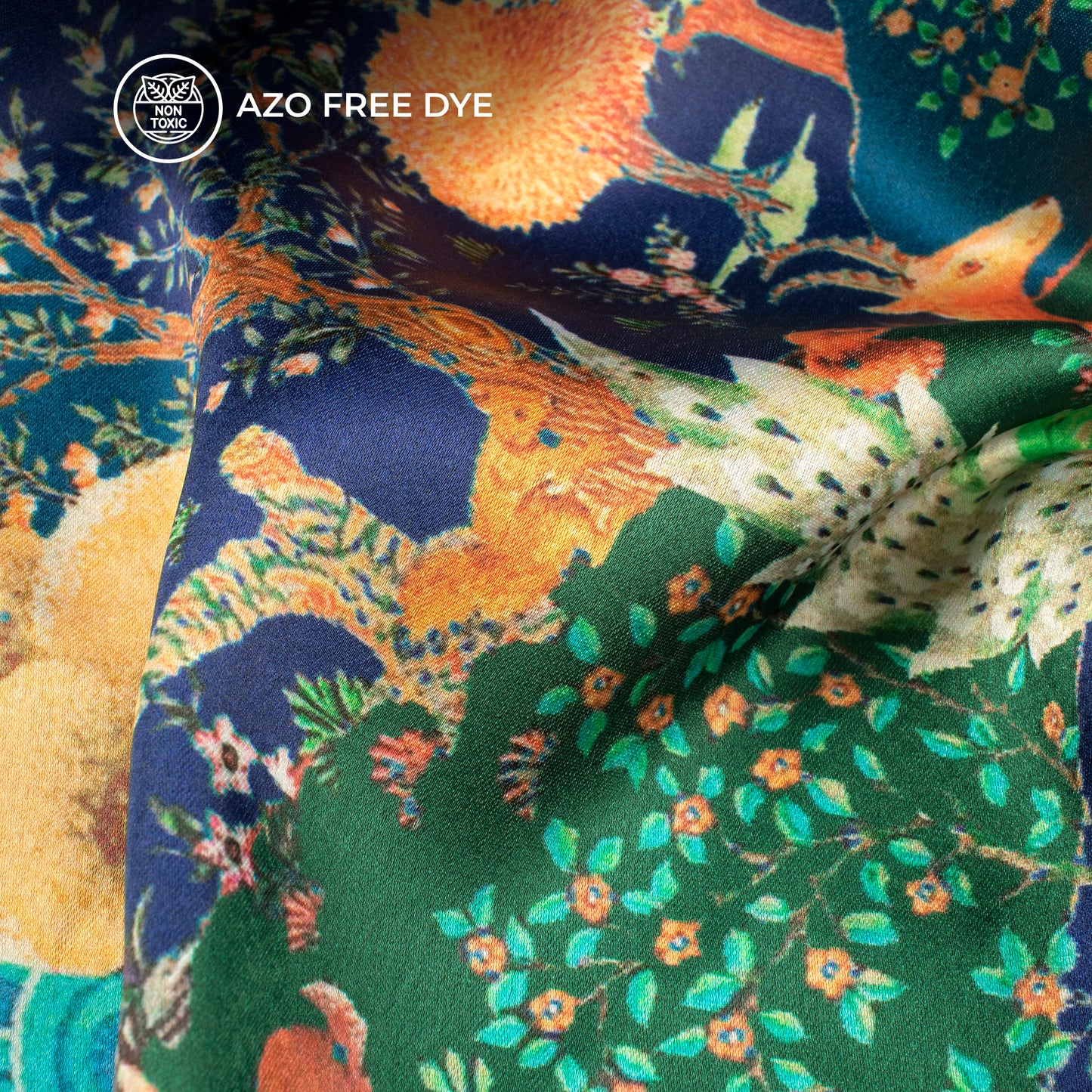 Jungle Harmony: Exclusive Blue Digital Print Japan Satin Fabric