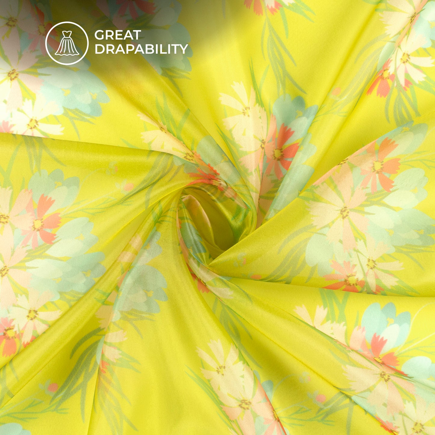 Lemon Yellow Floral Digital Print Organza Satin Fabric