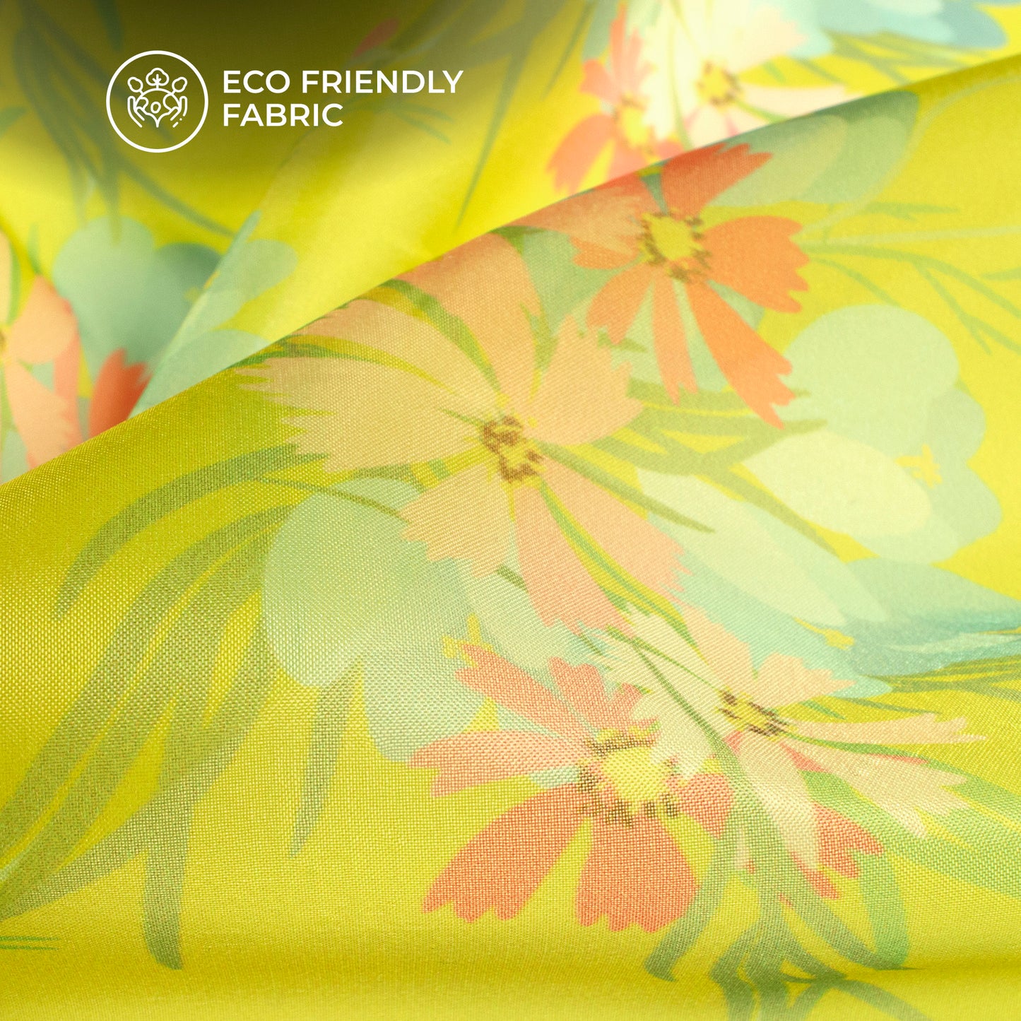 Lemon Yellow Floral Digital Print Organza Satin Fabric