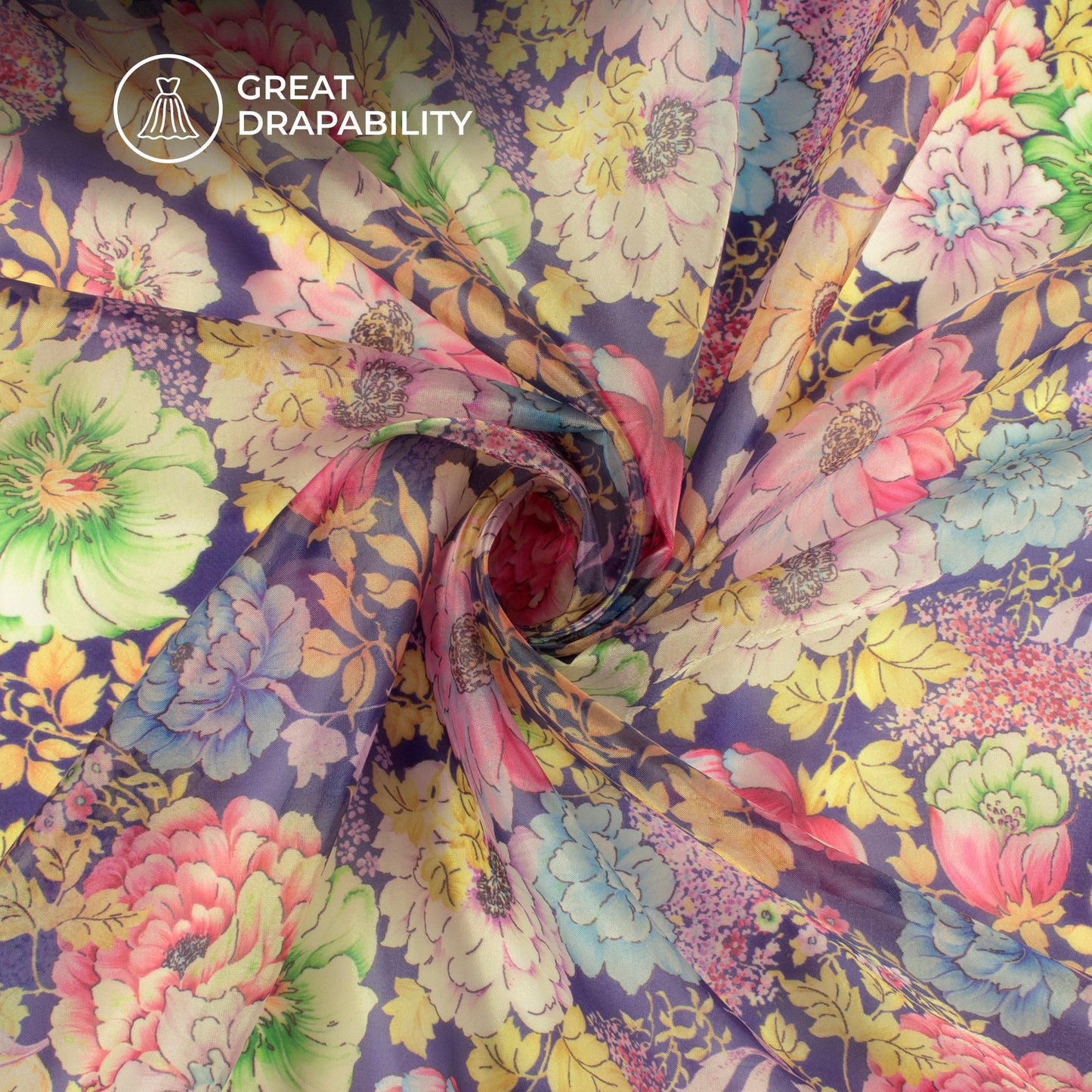 Seamless Blue Floral Digital Print Organza Satin Fabric