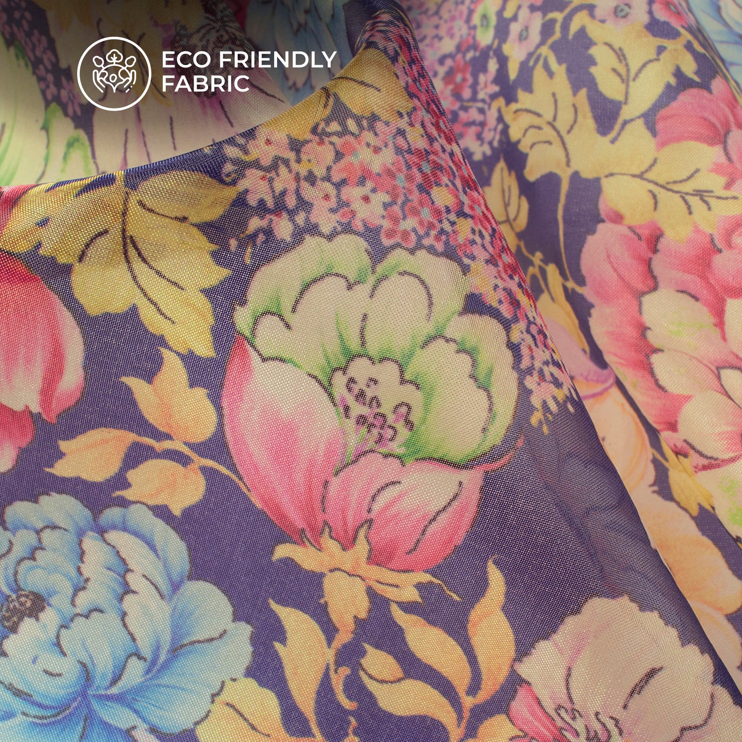 Seamless Blue Floral Digital Print Organza Satin Fabric