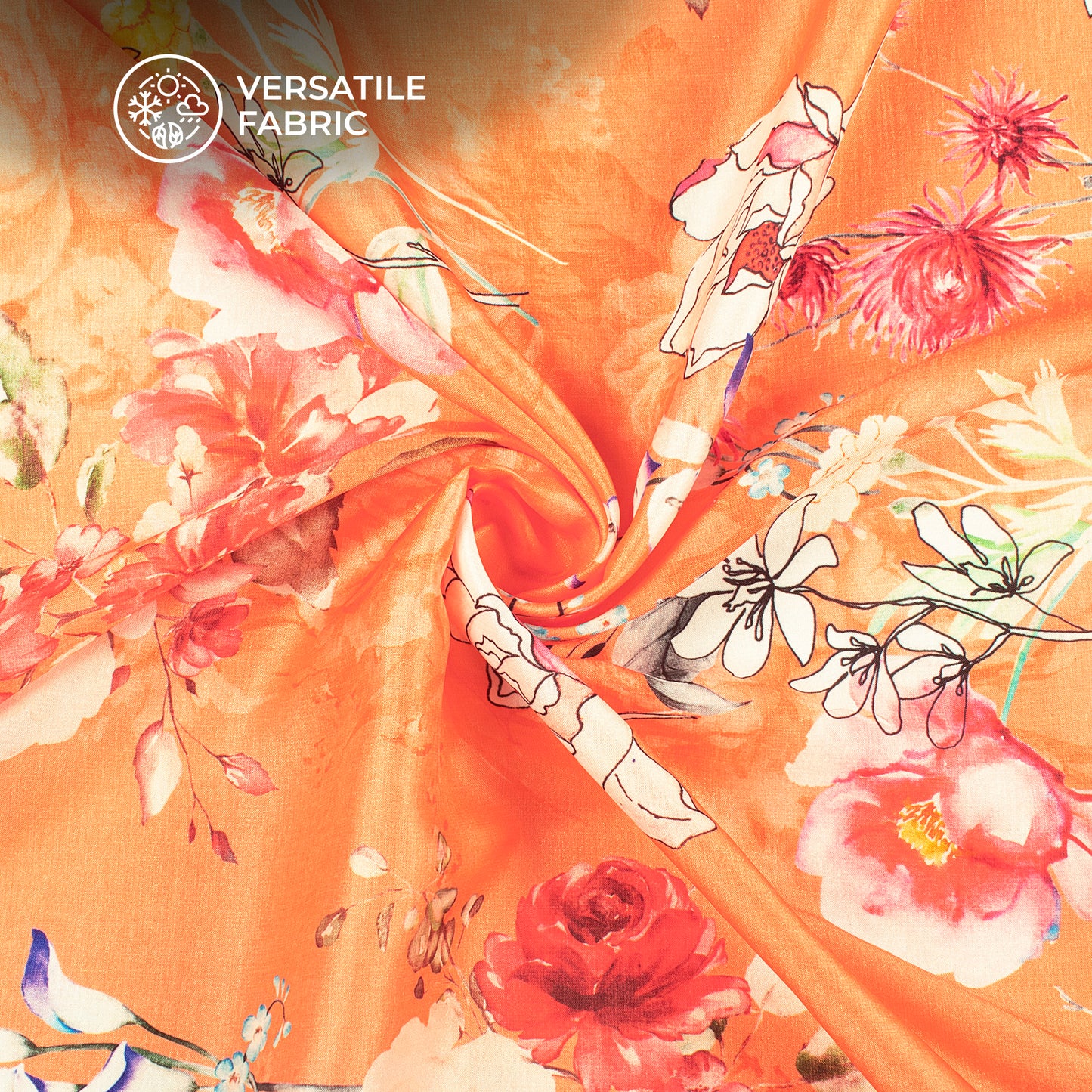 Orange Abstract Seamless Floral Digital Print Flat Silk Fabric