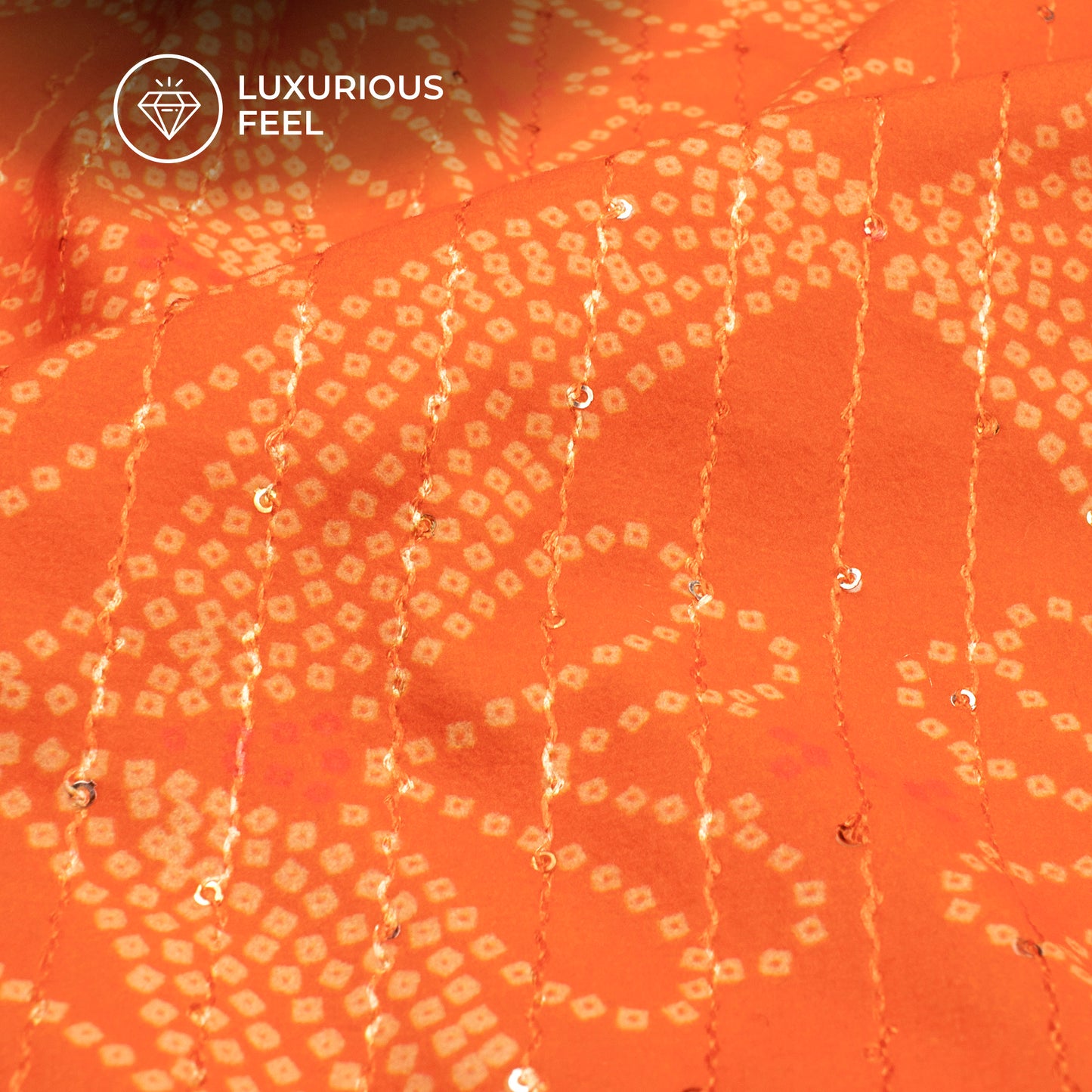 Orange Bandhanii Digital Print Superior Sequins Velvet Fabric (Width 58 Inches)