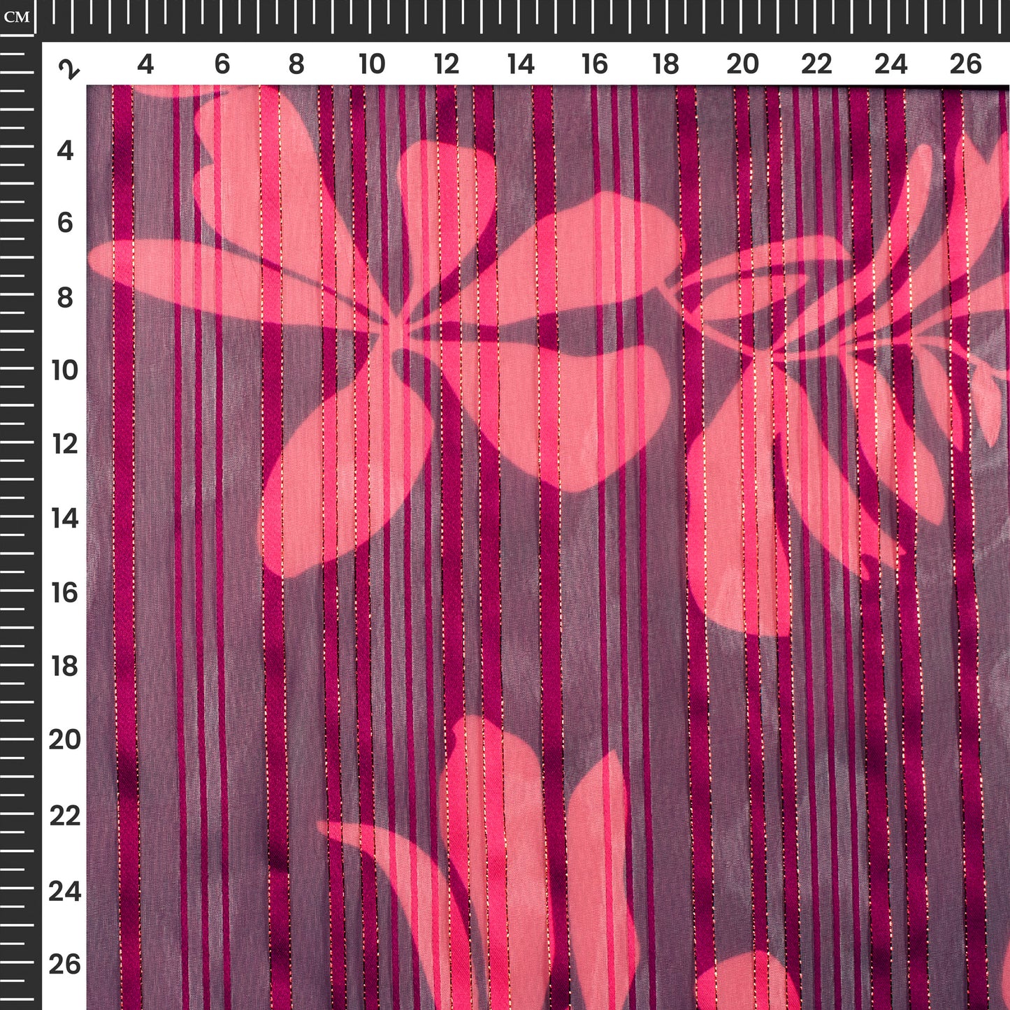 Purple And Pink Floral Digital Print Golden Lurex Georgette Fabric