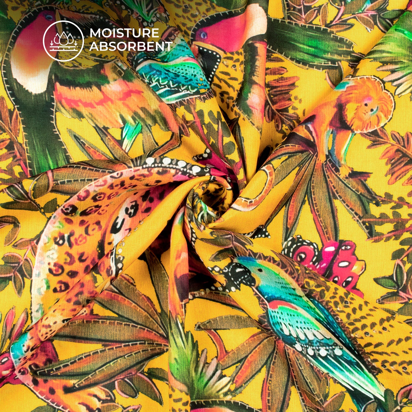 Attractive Yellow Jungle Animals Digital Print Viscose Muslin Fabric